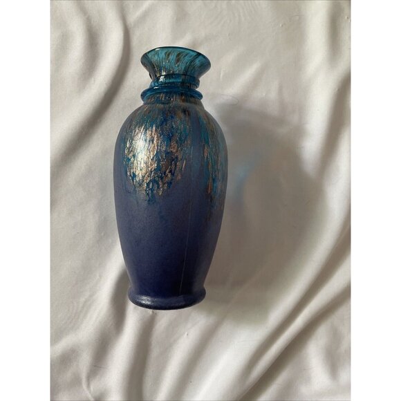 Handmade Blue & Gold Art Glass Vase With Textured Design - Decorative Accent Pie - Picture 5 of 14
